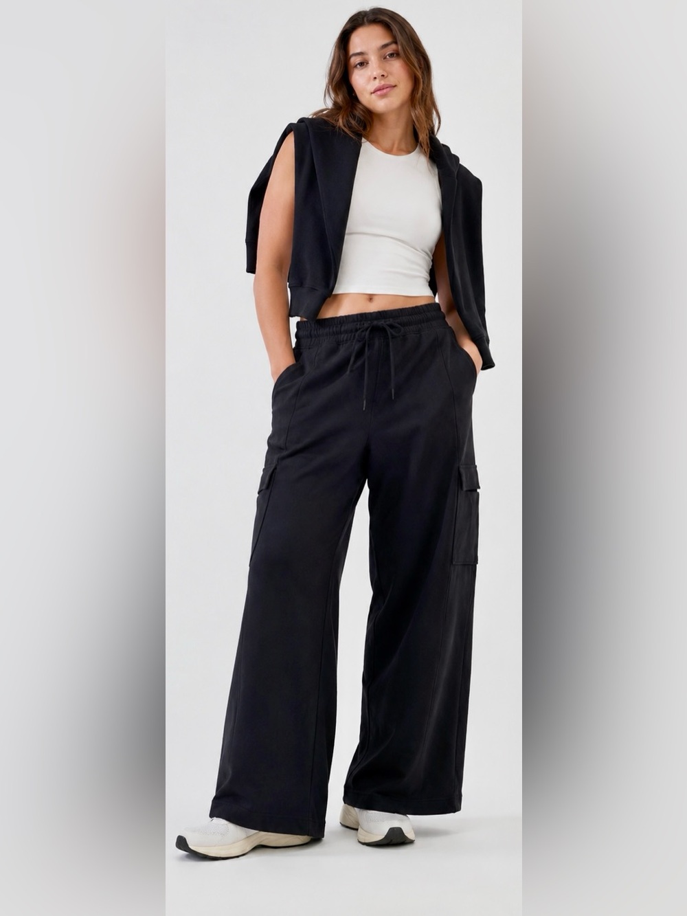 Athleta Retroterry Wide Leg Cargo Pants XL black comfy lounge travel pants NWT